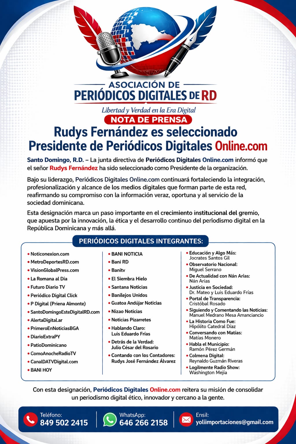 Rudys Fernández es seleccionado Presidente de Periódicos Digitales